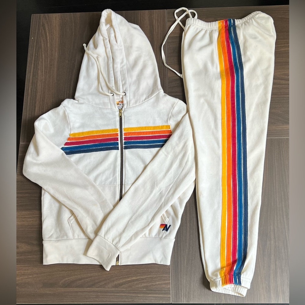 Aviator Nation Unisex Classic Vintage White Hoodie & Joggers with Rainbow Stripe